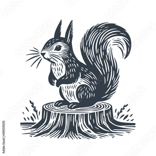 Squirrel Standing on a Tree Stump. Vintage Woodcut Engraving Style Vector Illustration.