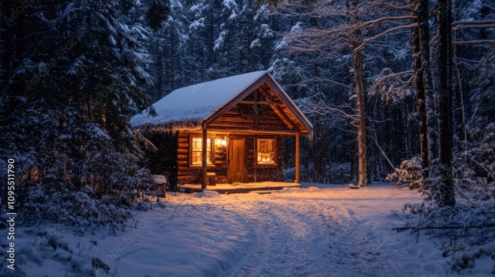 A cozy cabin illuminated in a snowy forest at dusk. A cozy cabin illuminated in a snowy forest at dusk.