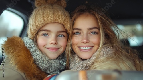 Mother and daughter smiling in a car with travel suitcases, joyful road trip, family bonding, happy vacation, exciting journey, cheerful mood, fun adventure, warm memories. photo