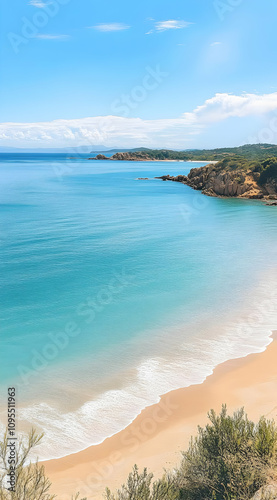 Stunning View of a Tranquil Turquoise Ocean Meeting a Soft Sandy Beach Under Spectacular Blue Sky, Perfect for Vacation and Travel Themes photo