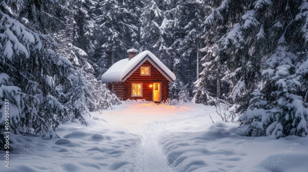 A cozy cabin illuminated in a snowy forest at dusk. A cozy cabin illuminated in a snowy forest at dusk.