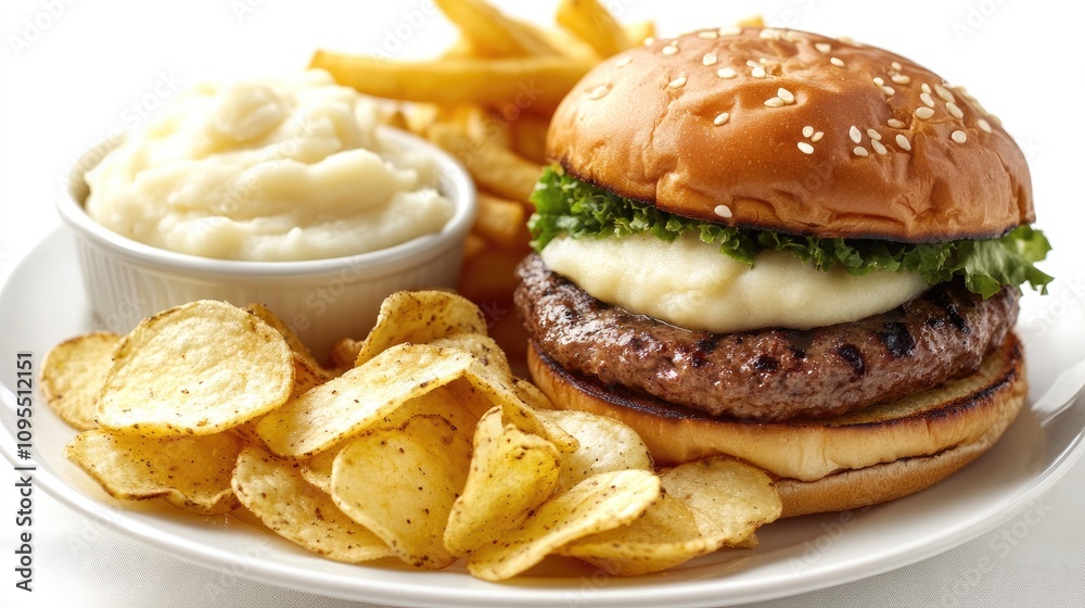Delicious burger meal with fries and chips restaurant dining food photography bright setting close-up shot culinary delights Delicious burger meal with fries and chips restaurant dining food photography bright setting close-up shot culinary delights