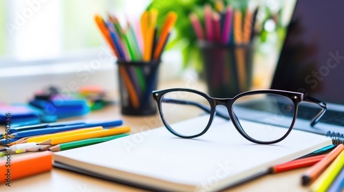 Creative workspace setup glasses on desk home office productivity tools bright environment close-up view focus on organization