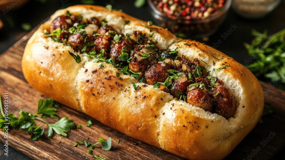 Sizzling meatball sub sandwich creation kitchen food photography rustic setting close-up culinary delight for foodies Sizzling meatball sub sandwich creation kitchen food photography rustic setting close-up culinary delight for foodies