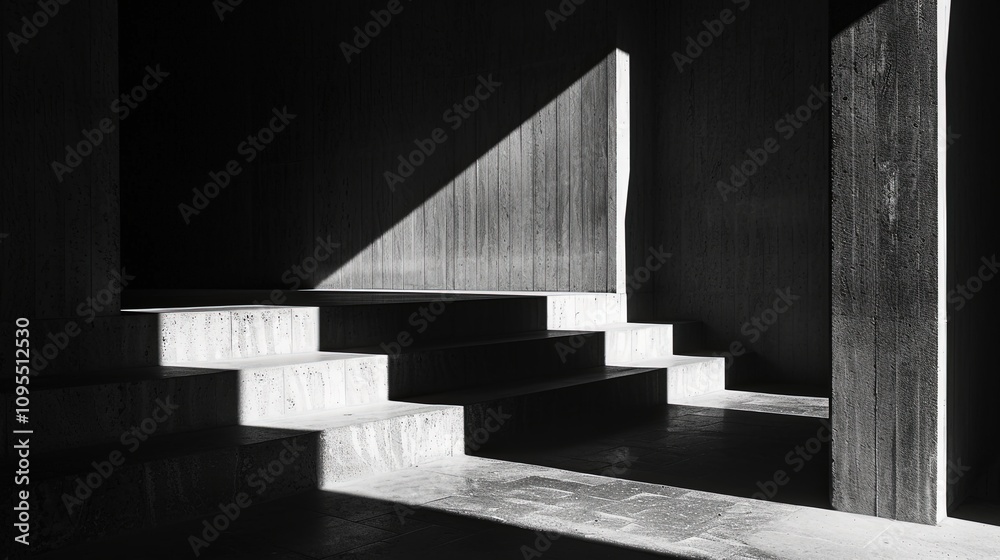 Fototapeta premium Modern concrete staircase bathed in dramatic light and shadows, creating a minimalist, high-contrast architectural scene with strong geometric lines.
