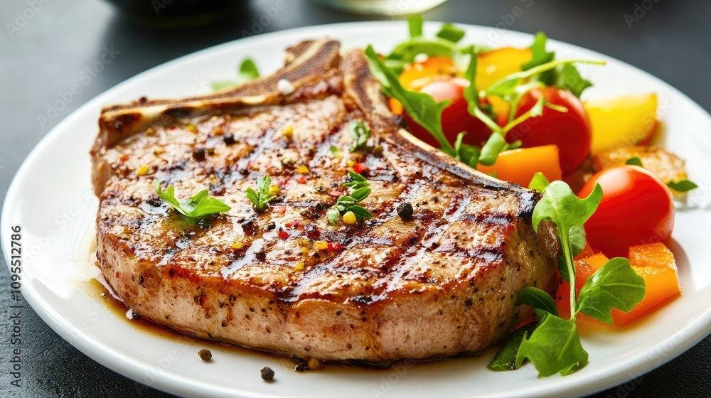 Grilled pork chop dish kitchen food photography cozy home environment close-up view culinary delight Grilled pork chop dish kitchen food photography cozy home environment close-up view culinary delight