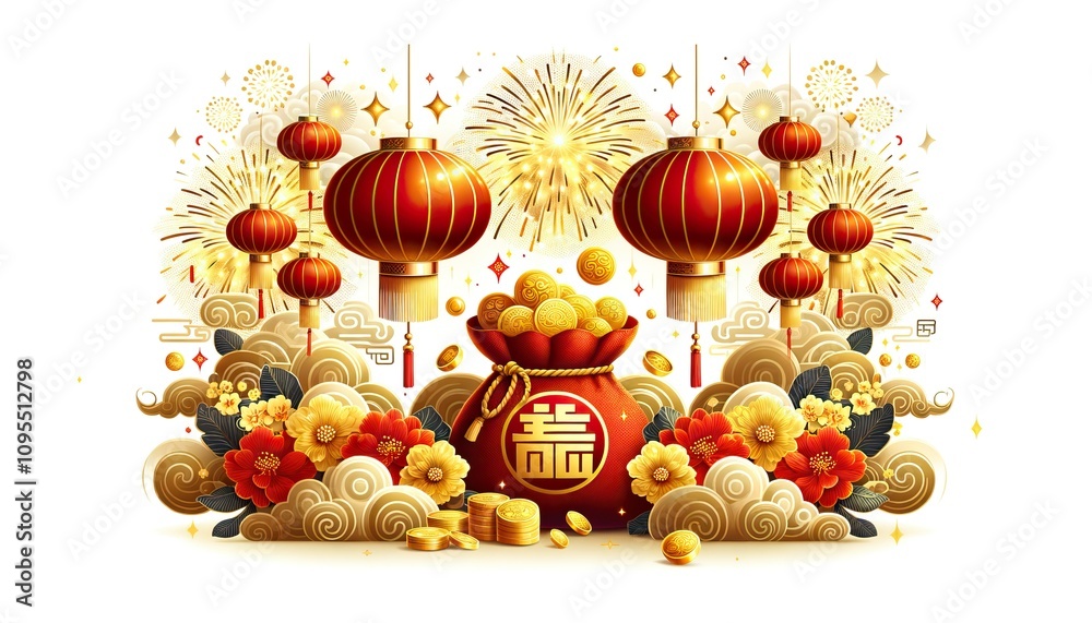 Fototapeta premium Red lanterns and gold coins amid floral patterns celebrating abundance in chinese new year concept