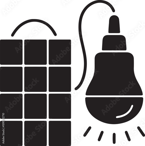 Illustration of a light bulb icon powered by solar energy, with a solar panel above the light bulb