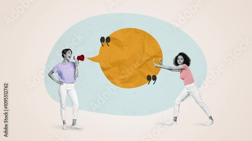 Motion creative art poster collage video of happy girl hold megaphone promote news bubble puzzled american push
