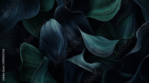   A close-up of a black and green plant with leaves at the top of the image and the bottom of the leaves at the bottom