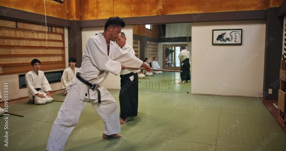 Sensei, student and bokken for fight, aikido and martial arts with fitness, kung fu and stick in Japan. Training, teaching and master for karate, battle and self defense class with exercise in dojo
