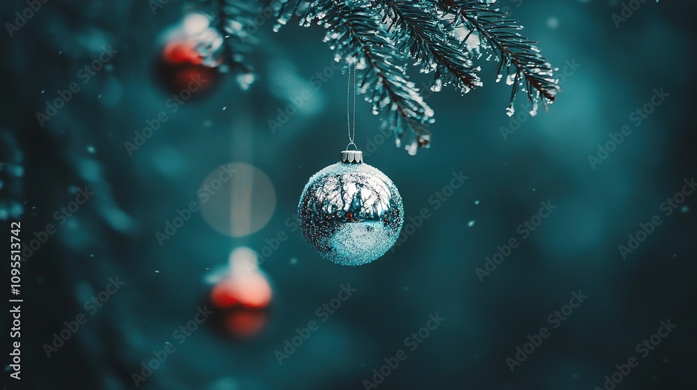 A close-up of a Christmas ornament dangling from a pine tree, covered in snow A close-up of a Christmas ornament dangling from a pine tree, covered in snow