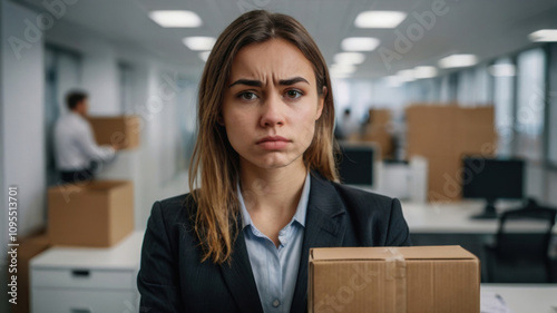 Hermosa joven con cara triste sosteniendo un cartón en la oficina
 photo