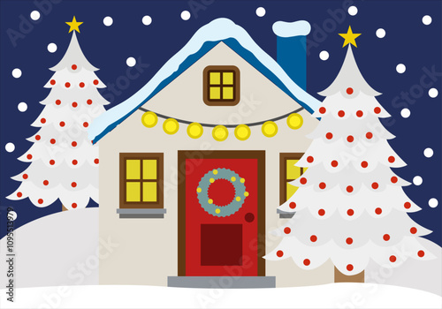 Casa con decoración navideña, guirnaldas, árbol de navidad y nieve