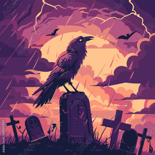 crow summoning storm clouds in a spooky graveyard