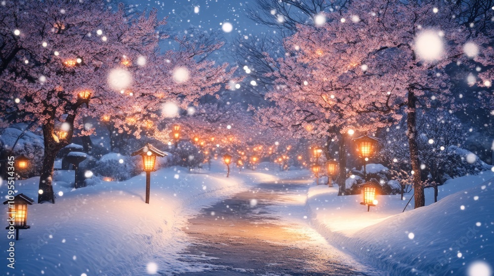 A serene winter scene with cherry blossoms and lanterns amidst falling snow. A serene winter scene with cherry blossoms and lanterns amidst falling snow.