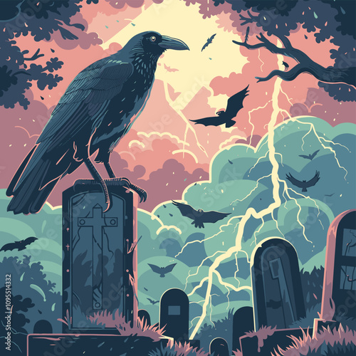 crow summoning storm clouds in a spooky graveyard