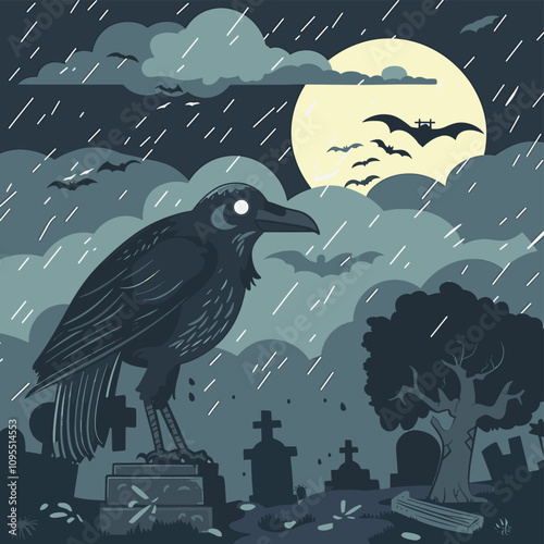 crow summoning storm clouds in a spooky graveyard