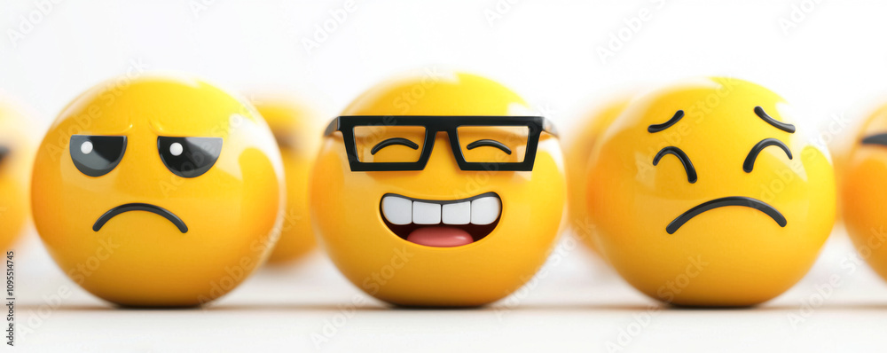 Fototapeta premium Mixed Expressions of Emoji Balls in a Group. A playful assortment of yellow emoji balls, each displaying varied emotions, from happy to sad, with standout features like glasses. 