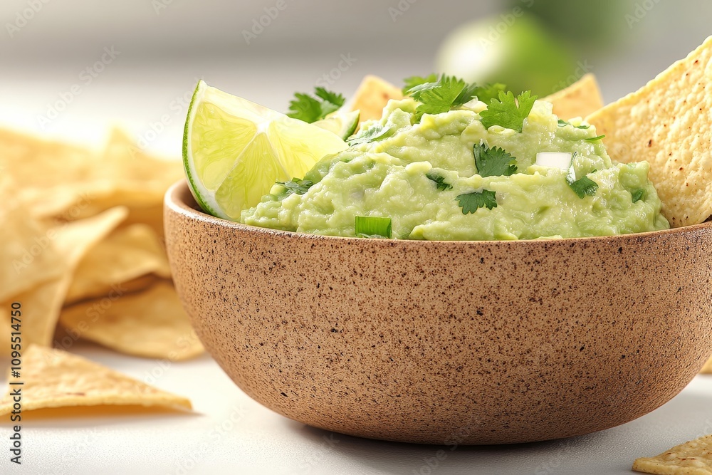 Fresh guacamole in a rustic, earthy bowl, topped with finely chopped cilantro and lime wedges. Generative AI Fresh guacamole in a rustic, earthy bowl, topped with finely chopped cilantro and lime wedges. Generative AI