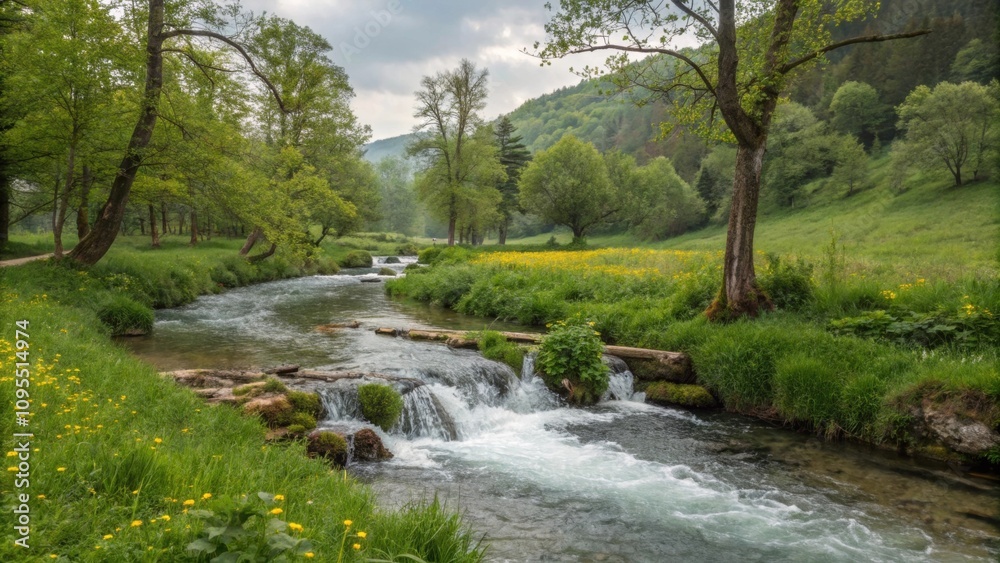 Nearby a bubbling brook enhances the peacefulness its sounds adding a gentle melody to the idyllic scene.
