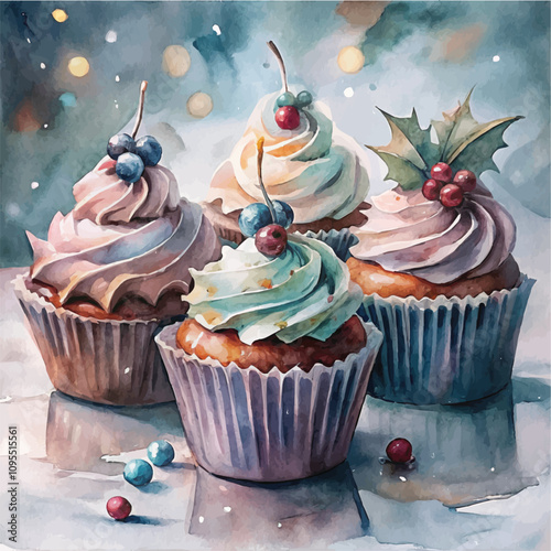 Christmas cupcake with a swirl of green frosting and red berry garnish
