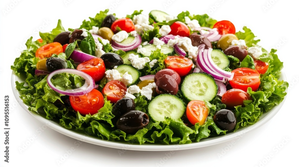 A colorful Mediterranean salad with mixed greens, cherry tomatoes, cucumber