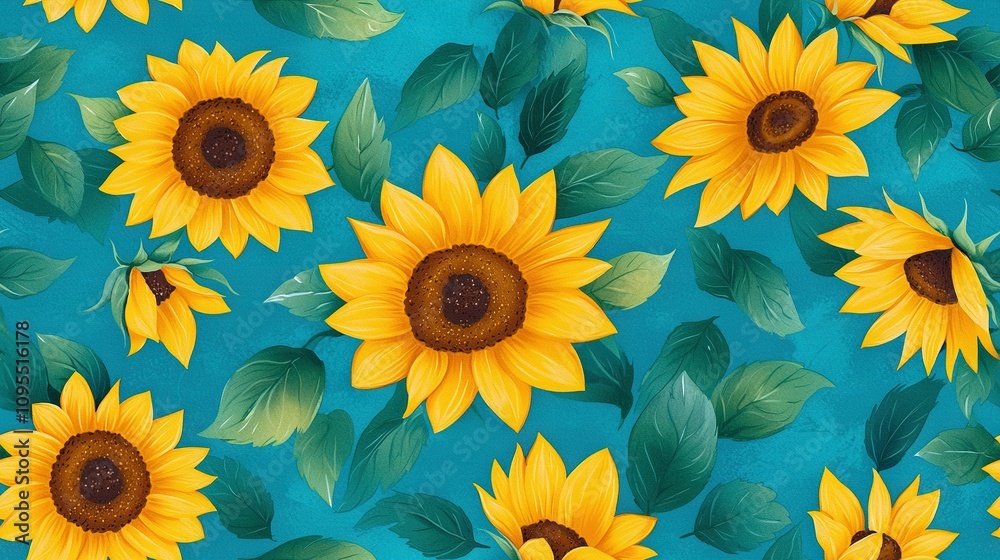 Obraz premium Sunflower painting with blue background, green leaves, and a yellow center