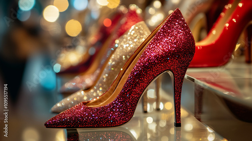 Glittery high-heeled shoes on display with festive bokeh lights in the background.