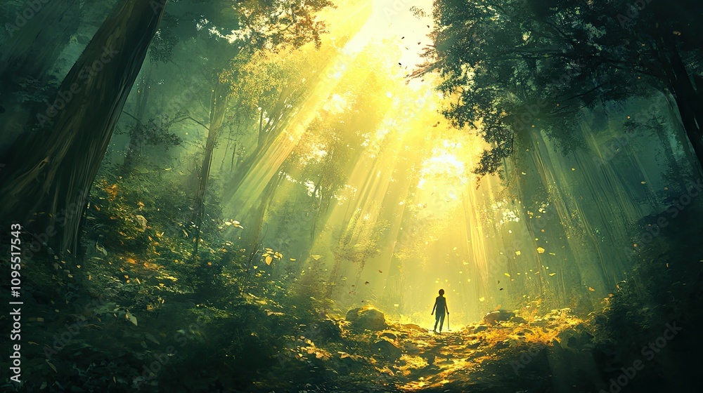 Obraz premium A lone figure walks through a sunlit forest.
