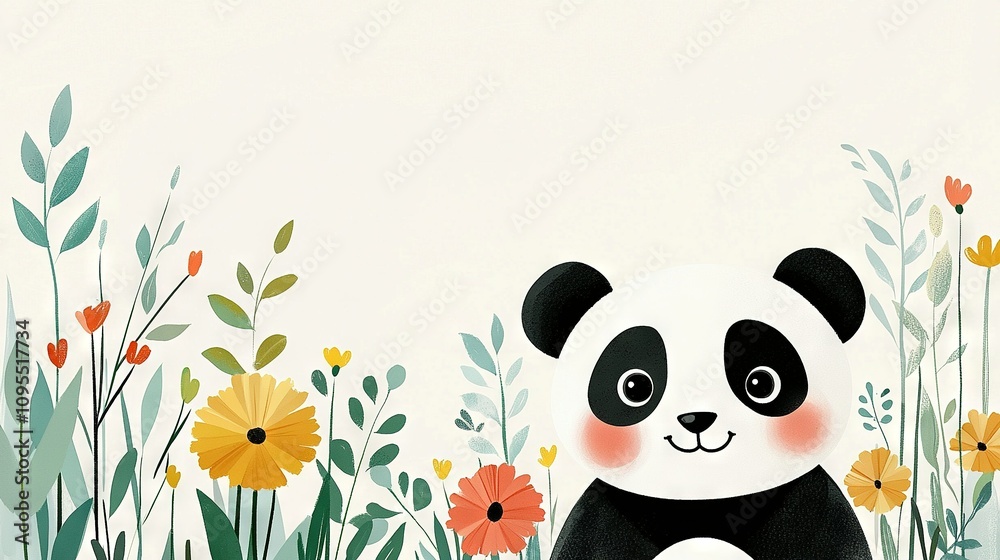 Fototapeta premium A panda bear rests amidst a sea of blooms against a stark white backdrop