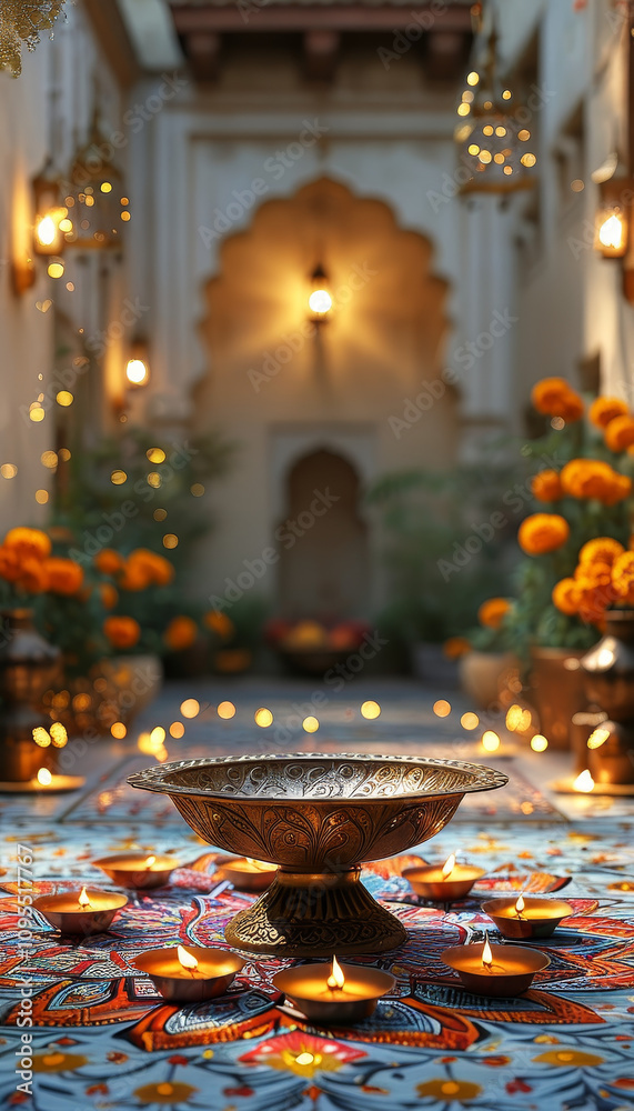 Fototapeta premium India Diwali Candle product display out of carved bronze, courtyard adorned with lit Hindu diyas oil lamps and marigold flowers, colourful rangoli designs, warm glow of diyas, festive Hinduism