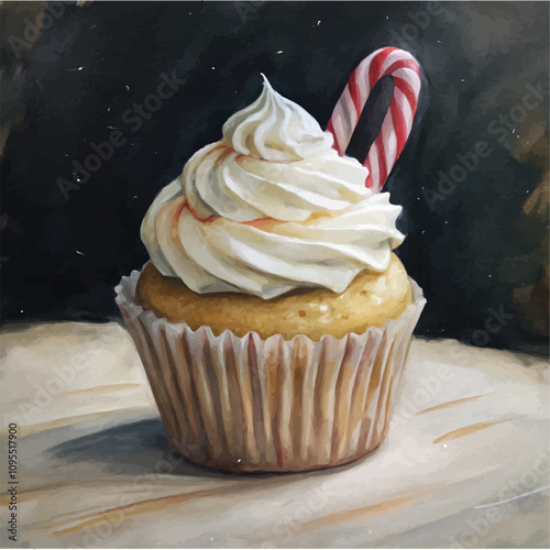 Vibrant holiday cupcake with candy cane swirl and festive frosting