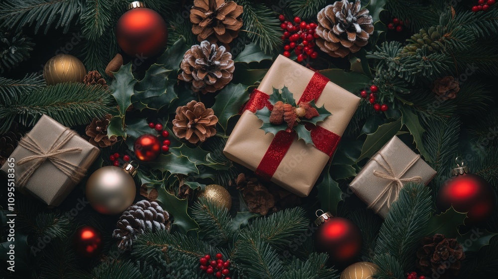 Christmas Presents and Ornaments on Evergreen Branches Christmas Presents and Ornaments on Evergreen Branches