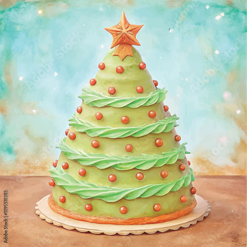 Festive cone-shaped Christmas cake decorated with green frosting and a star topper