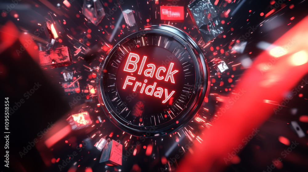 Black Friday Countdown: Neon Clock in Red and Black Exploding with Shopping Bags and Deals