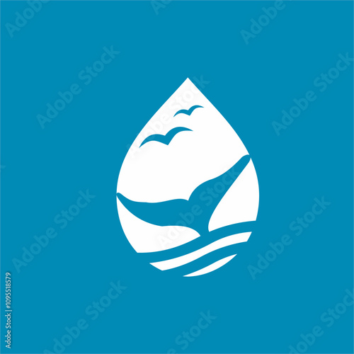 Water drop logo design with whale tail and bird silhouette.