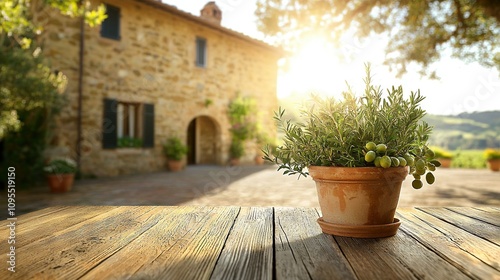 Fototapeta Naklejka Na Ścianę i Meble -    A potted plant on a wooden table, with an olive tree in the foreground