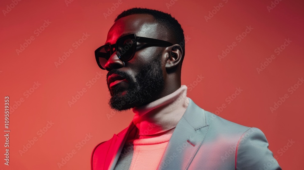 Fototapeta premium Stylish Black Man Red Background Portrait Sunglasses Fashion Blazer