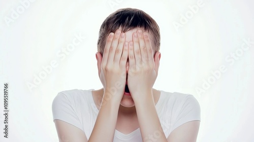 A young white male with short hair covering his face with his hands, expressing feelings of distress and vulnerability.