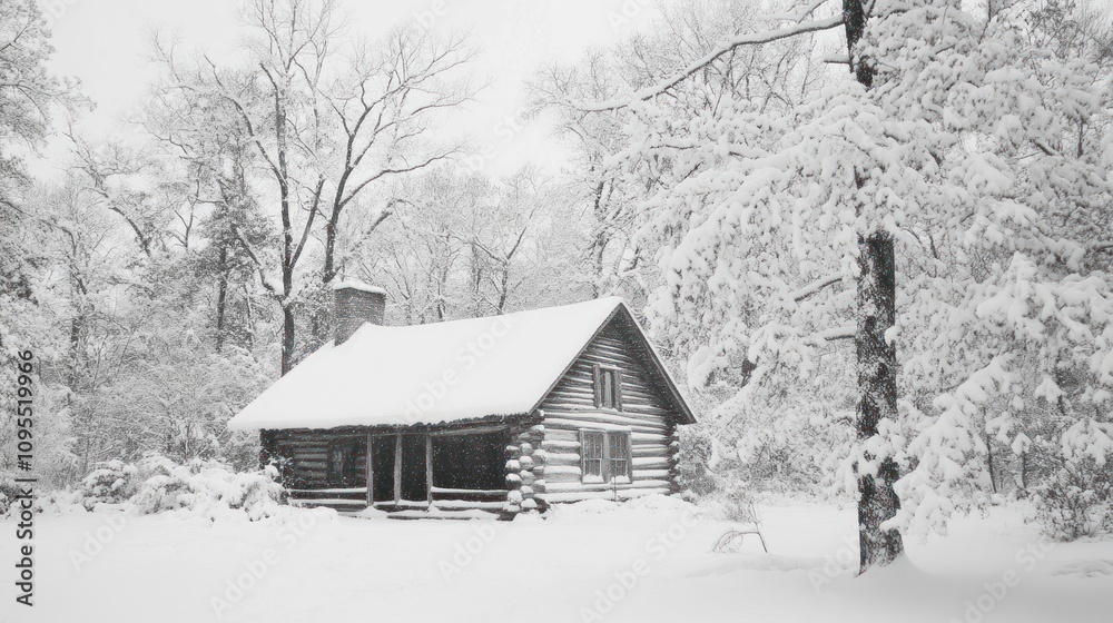 A cozy log cabin blanketed in snow, surrounded by winter trees. A cozy log cabin blanketed in snow, surrounded by winter trees.