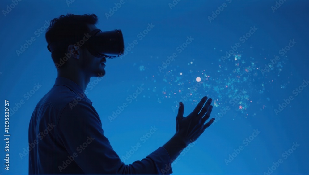 A woman wearing a virtual reality headset against a blue background, representing futuristic technology. Generative, AI, A woman wearing a virtual reality headset against a blue background, representing futuristic technology. Generative, AI,