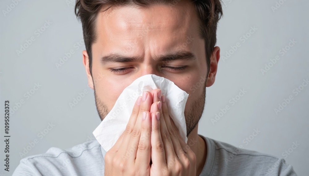 Young man sneezing into a white tissue, close-up on face, neutral gray background, representing cold symptoms, perfect for health-related articles or seasonal flu awareness Young man sneezing into a white tissue, close-up on face, neutral gray background, representing cold symptoms, perfect for health-related articles or seasonal flu awareness