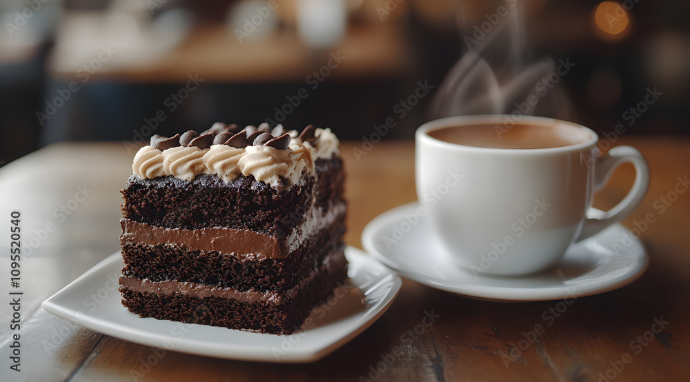 A tempting chocolate cake slice beside a steaming cup of coffee on a wooden table, perfect for a cozy treat. A tempting chocolate cake slice beside a steaming cup of coffee on a wooden table, perfect for a cozy treat.