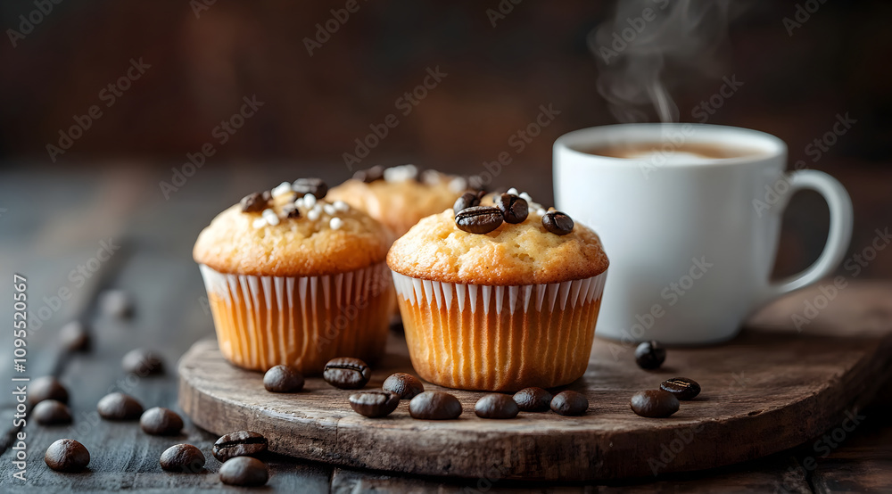 A cozy scene featuring fresh muffins topped with coffee beans beside a steaming cup of coffee on a wooden platter. A cozy scene featuring fresh muffins topped with coffee beans beside a steaming cup of coffee on a wooden platter.