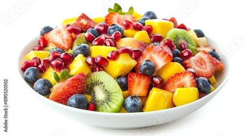 A colorful rainbow fruit salad with strawberries, blueberries, kiwi