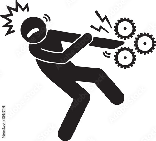 Illustration of a stickman with one hand caught in a production machine featuring motion lines and an alert symbol to indicate a workplace accident