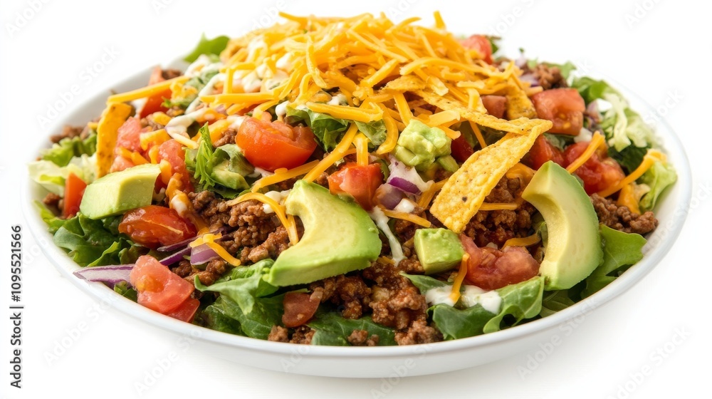 A colorful taco salad with mixed greens, seasoned ground beef, tomatoes A colorful taco salad with mixed greens, seasoned ground beef, tomatoes