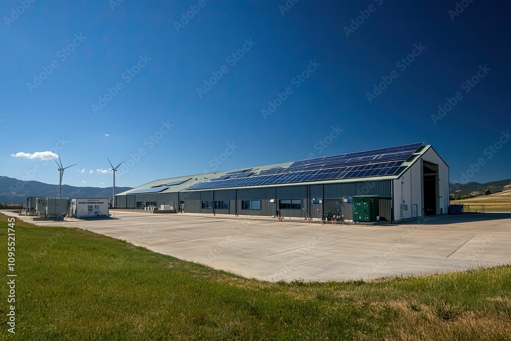 Solar panels on a building with wind turbines. Solar panels on a building with wind turbines.