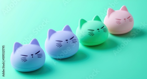 Adorable kawaii cat figures in pastel green, pink, and lavender on a soft mint green background. Kawaii minimalist design concept.